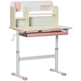 Children's Study Desk, Height Adjustable Writing Table with Tilt Desktop, Drawer & Storage, for School & Homework, Pink
